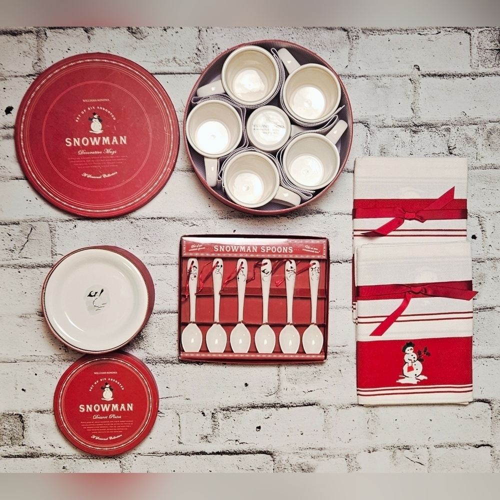 Williams Sonoma Snowman Holiday Serveware Set Mugs Plates Towels NIB